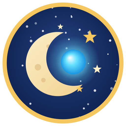 The Guardian emblem: a crescent moon cradling a glowing blue orb, with gold stars, in a gold ring.